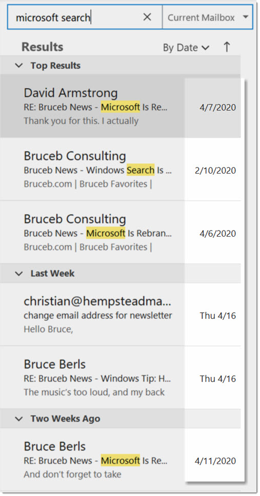 Outlook top results - three messages typically out of order