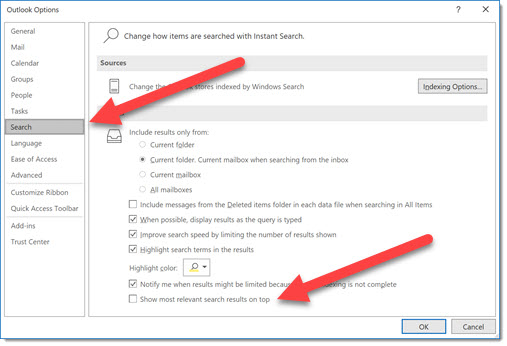 Outlook - turn off Top results in the desktop program