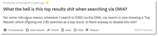 Outlook top results - Reddit complaints