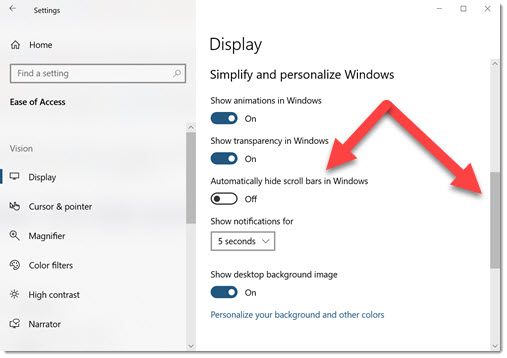 Windows settings with full-size scroll bar