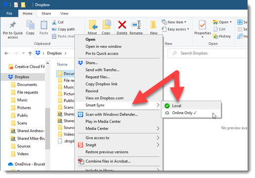 Dropbox Smart Sync - right-click options