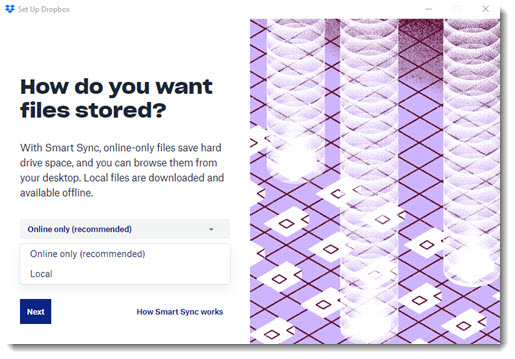 Dropbox Smart Sync - setup suggests online only as default