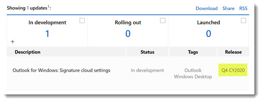 Outlook signature sync - Microsoft Roadmap now shows 4th quarter